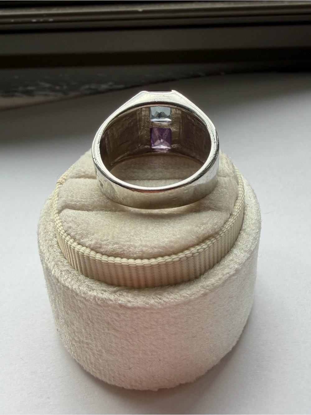 Silver Two-Gem Blue & Purple Ring Size 9 Chunky Modernist Statement Cocktail - Picture 4 of 8